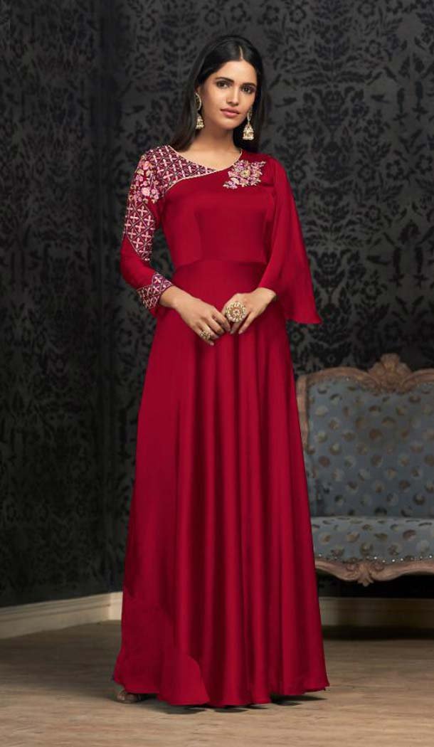 Maroon Color Glowing Georgette Readymade Indo Western Girl Gown - 578071978