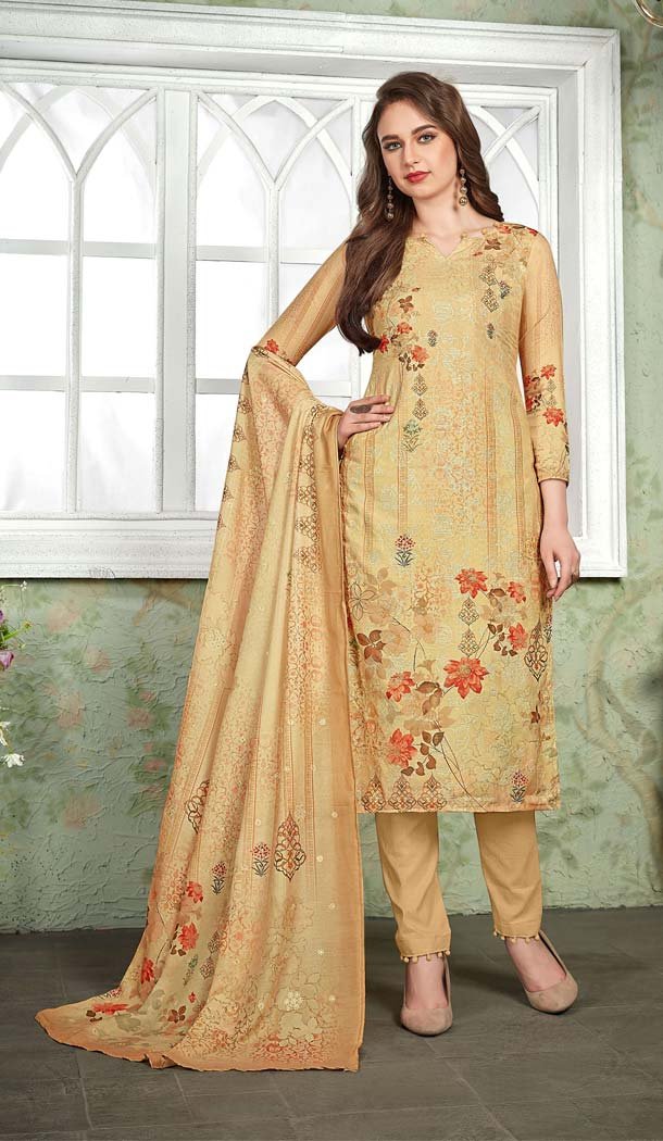Cream Color Heavy Muslin Casual Wear Printed Salwar Suit - 580372258