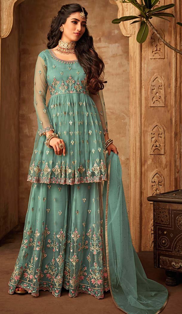 Sea Blue Pakistani Sharara Suit Uk -581372334