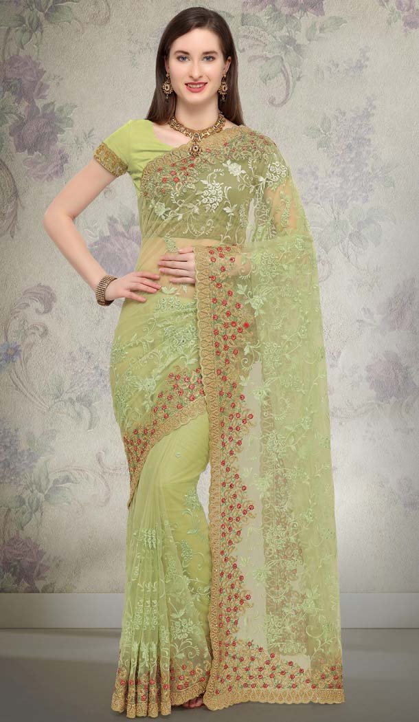 Designer Net Olive Green Saree with Price in India -581672361