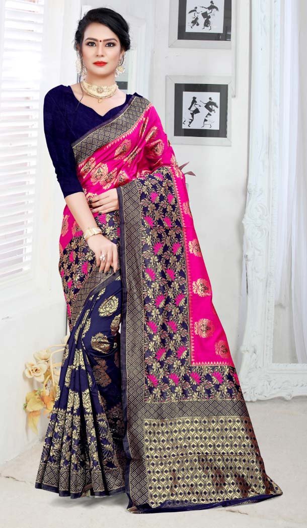 Blue Color Silk Treditional Wear Woven Saree Blouse -426362237