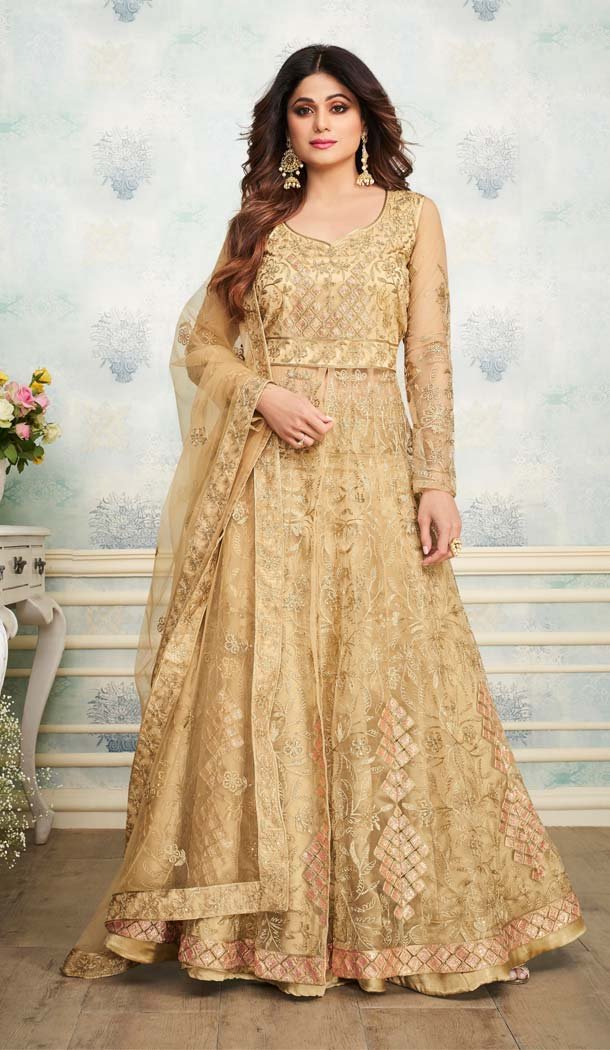 Golden Color Heavy Butterfly Net Designer Anarkali Salwar Kameez -583472580