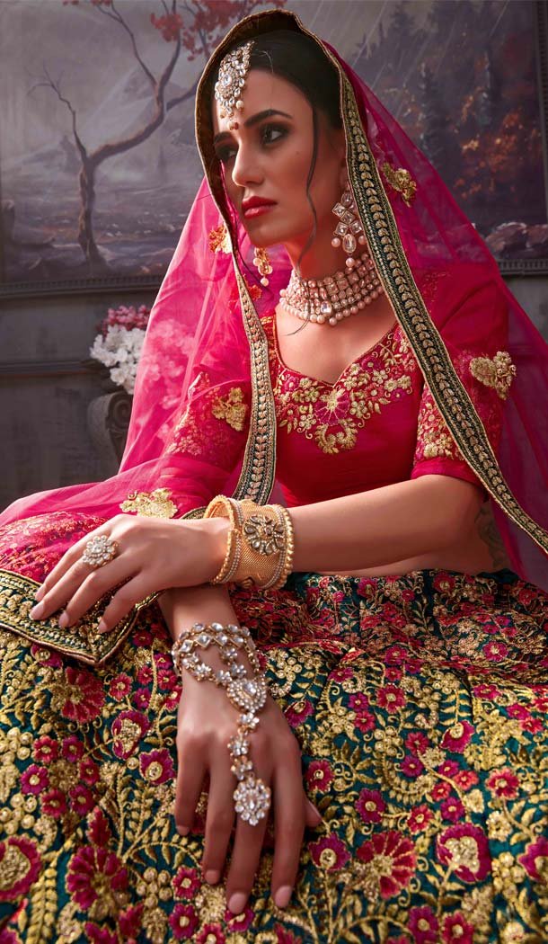 Teal Green Color Phantom Silk Designer Mehendi Ceremony Lehenga -586772860