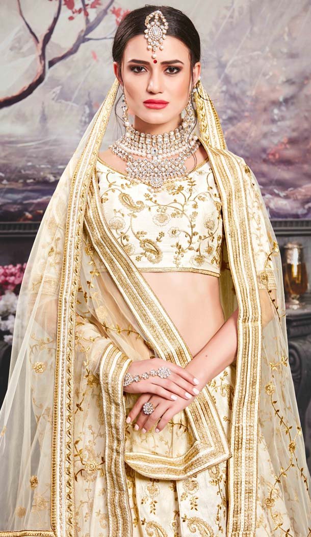 Pearl White Color Phantom Silk Designer Mehendi Ceremony Lehenga -586772863