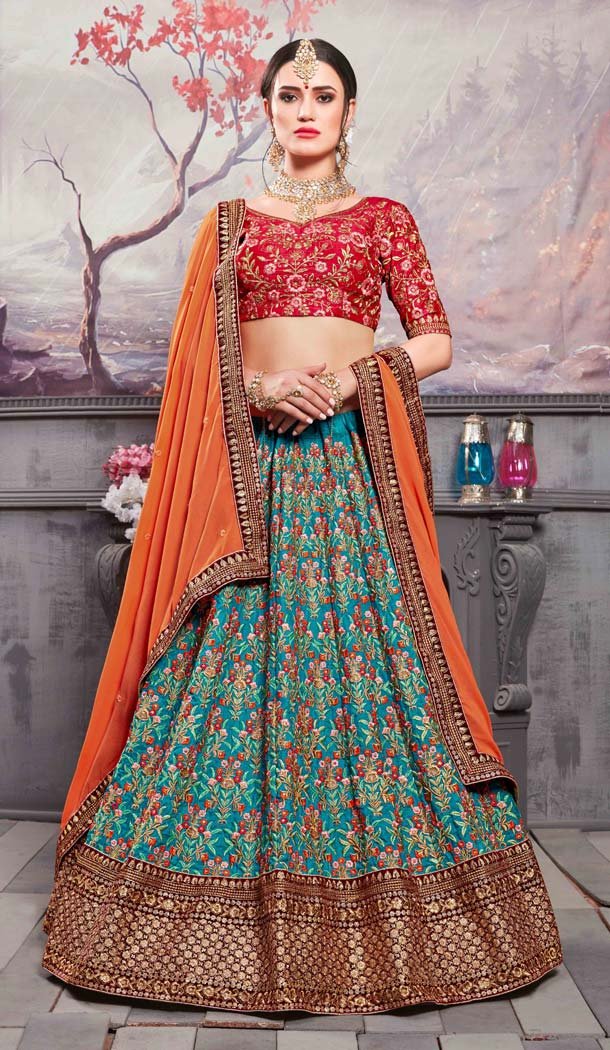 Deep Ocean Blue Banarasi Silk Designer Mehendi Ceremony Lehenga -586772864