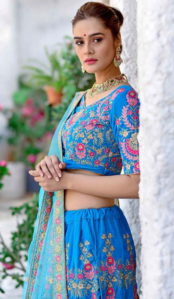 Sky Blue Color Velvet Designer Sangeet Ceremony Lehenga Choli -588473072