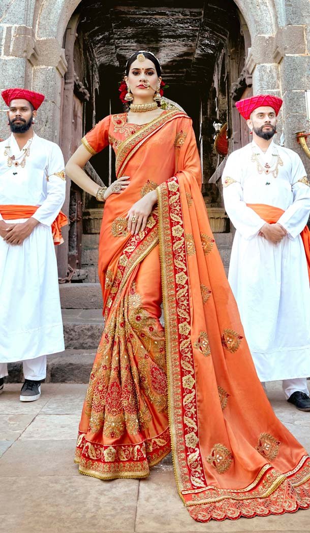 Rangoli Silk Orange Color Designer Embroidered Treditional Saree -587873024