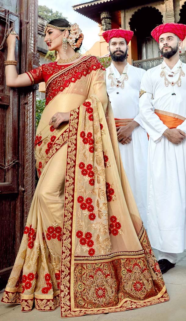 Rangoli Silk Beige Color Designer Embroidered Treditional Saree -587873029