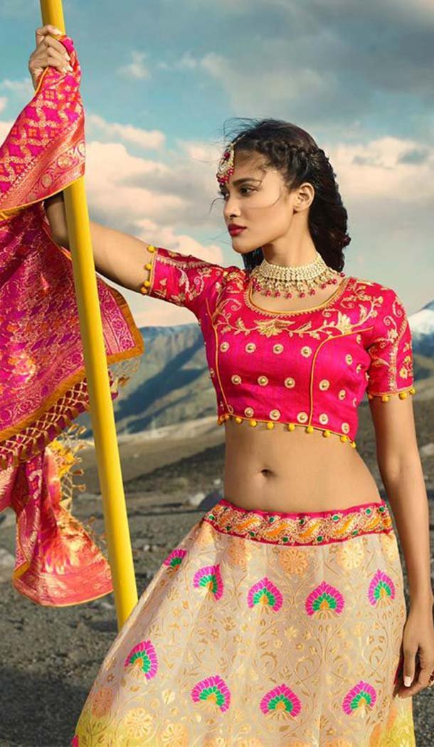 Yellow Cream Color Silk Designer Wedding Lehenga Choli -426662265