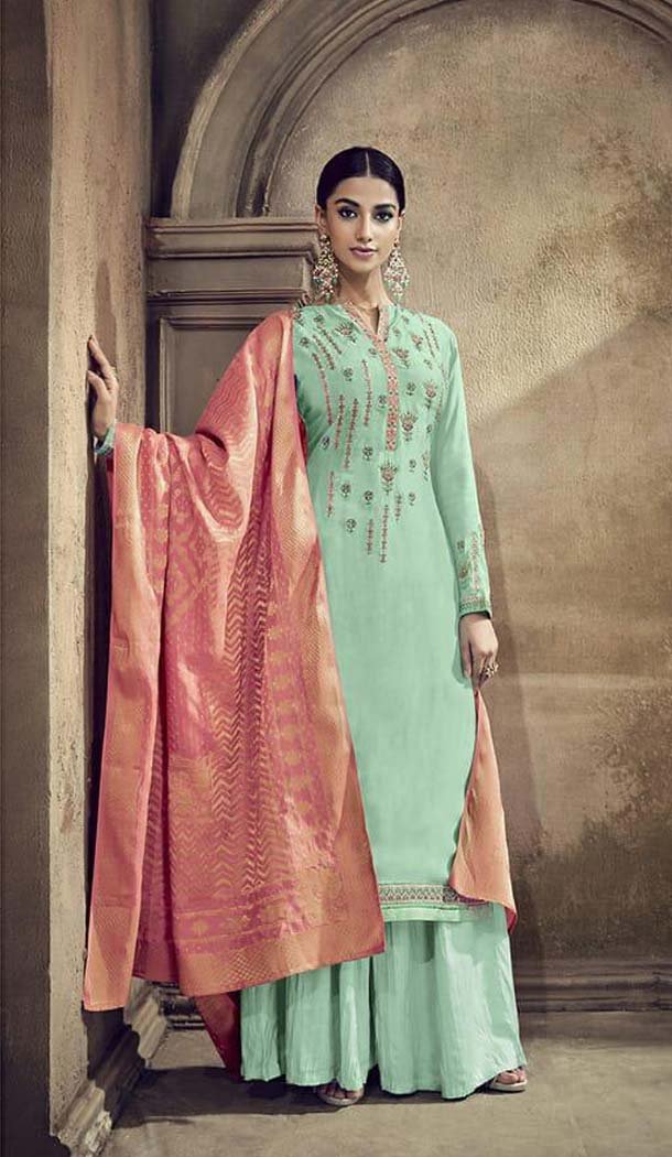 Aqua Blue Color Pure Viscose Cotton Silk Party Palazzo Suit -585572776