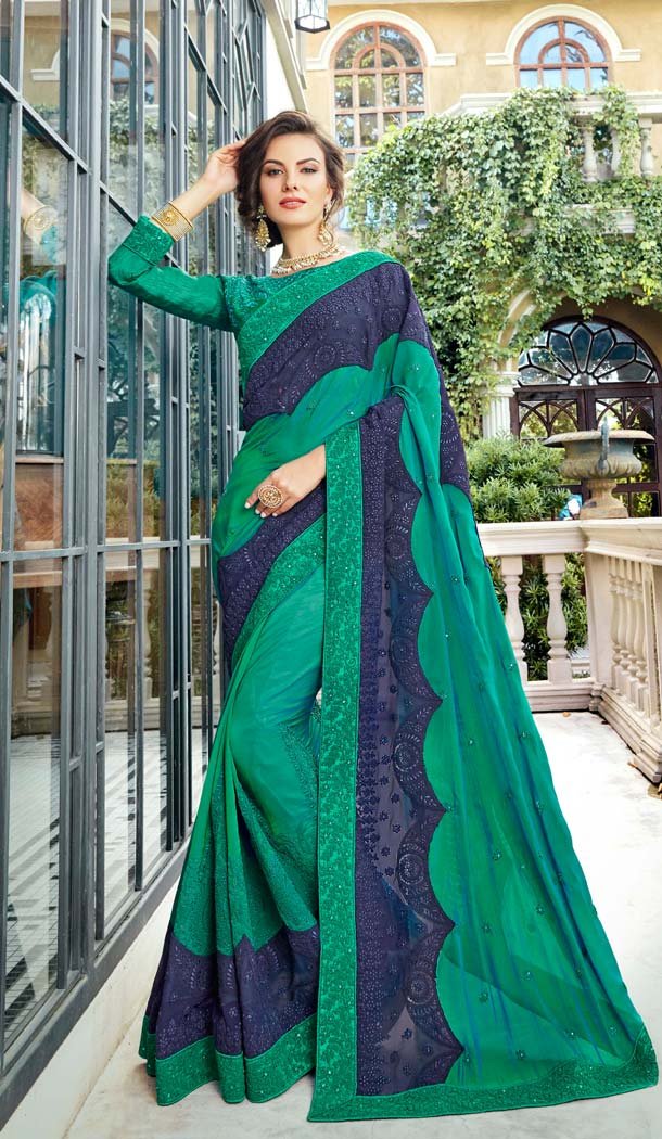 Green Color Art Silk Heavy Embroidred Sarees Blouse -586372832