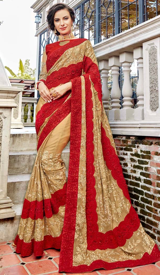 Beige Color Art Silk Heavy Embroidred Sarees Blouse -586372833