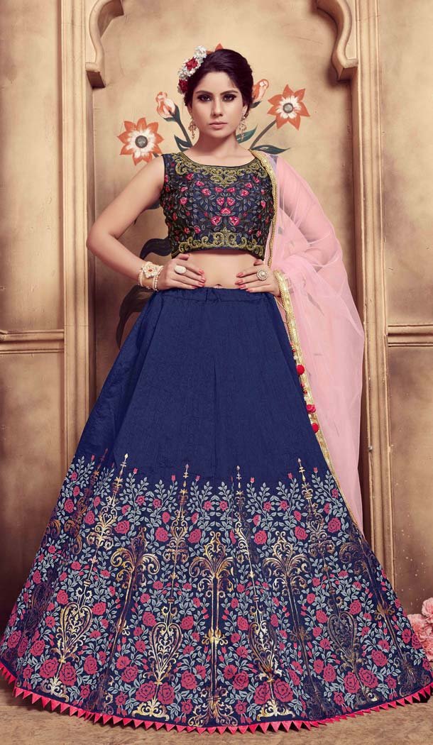 Navy Blue Color Silk Embroidery Designer Lehenga Choli -591473436