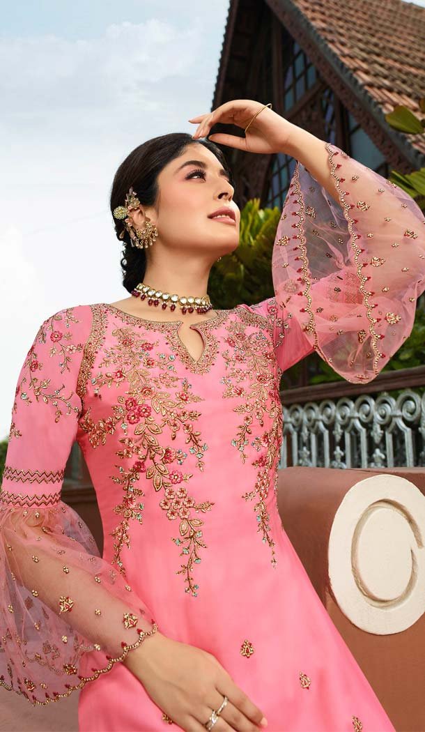 Pink Color Satin Georgette Straight Cut Suit -594673965