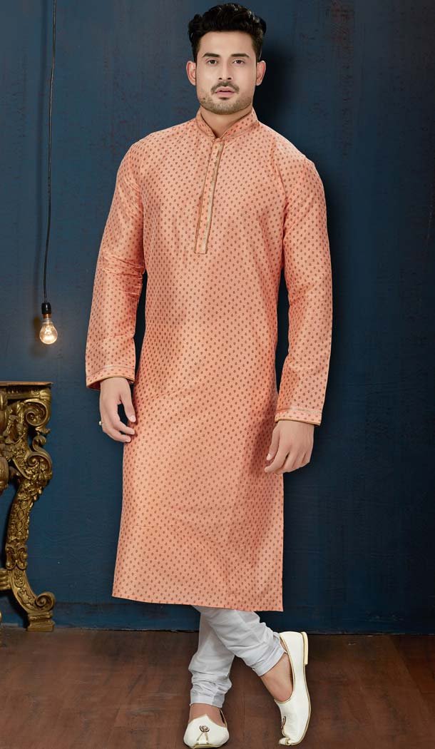 Peach Color Dupion Print Plus Size Men Kurta Pajama -594273853