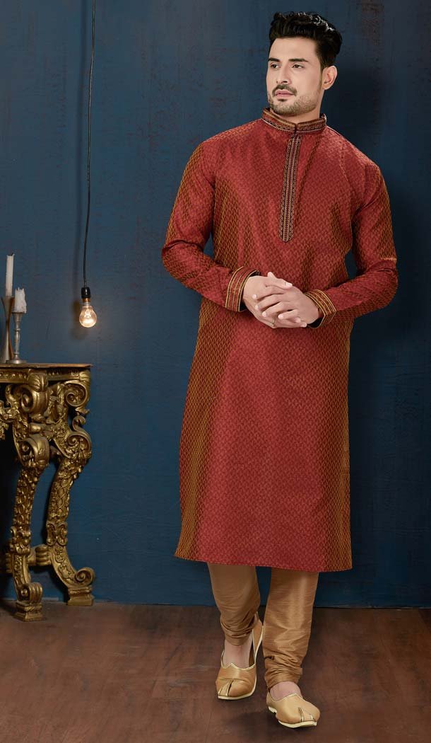 Maroon Color TNT Jacquard Plus Size Men Kurta Pajama -594273865