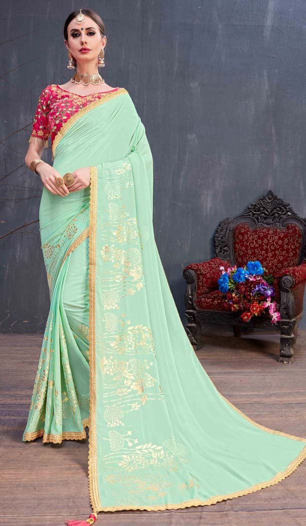Mint Green Color Georgette Fancy Casual Party Saree Blouse -591573448