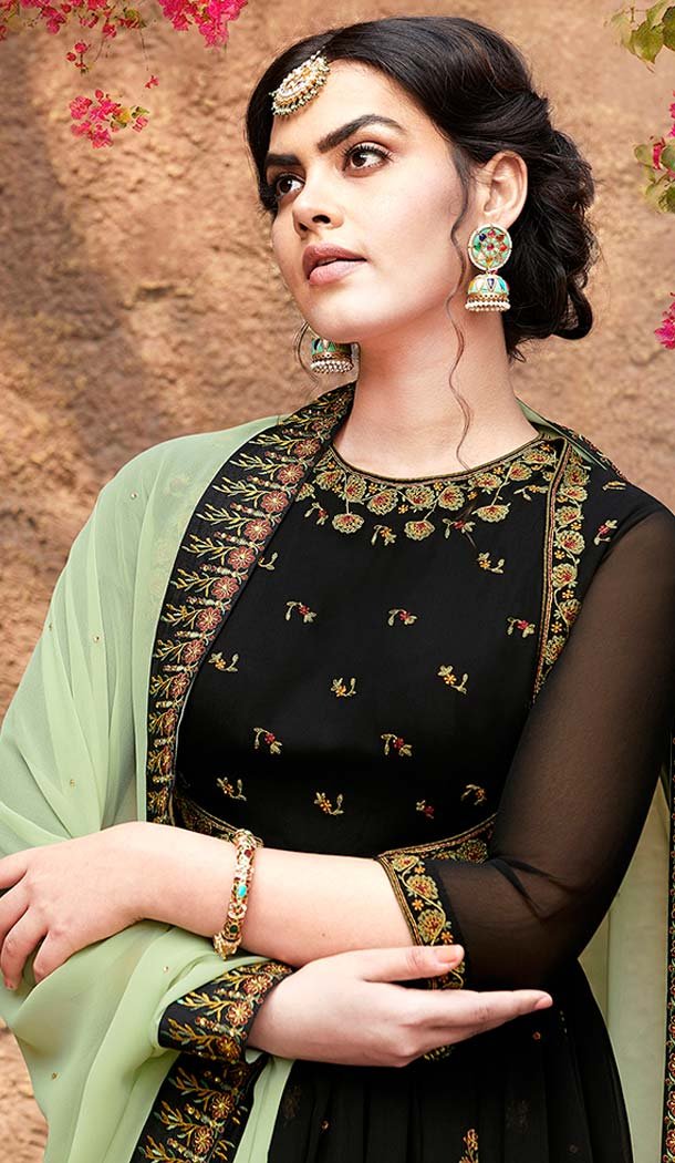 Black Faux Georgette Pakistani Anarkali Churidar Suit -595574045