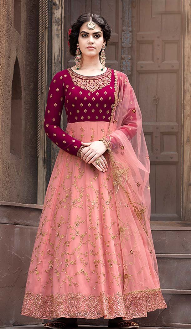 Peach Faux Georgette Pakistani Anarkali Churidar Suit -595574046