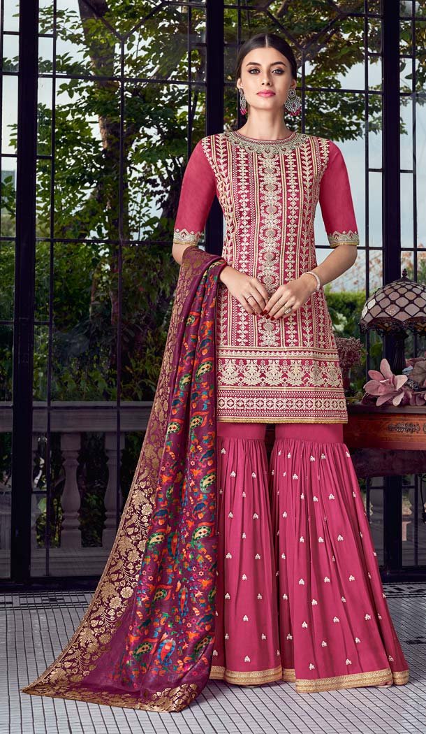Pink Color Lakhnavi Silk Designer Party Wear Suit -595874059