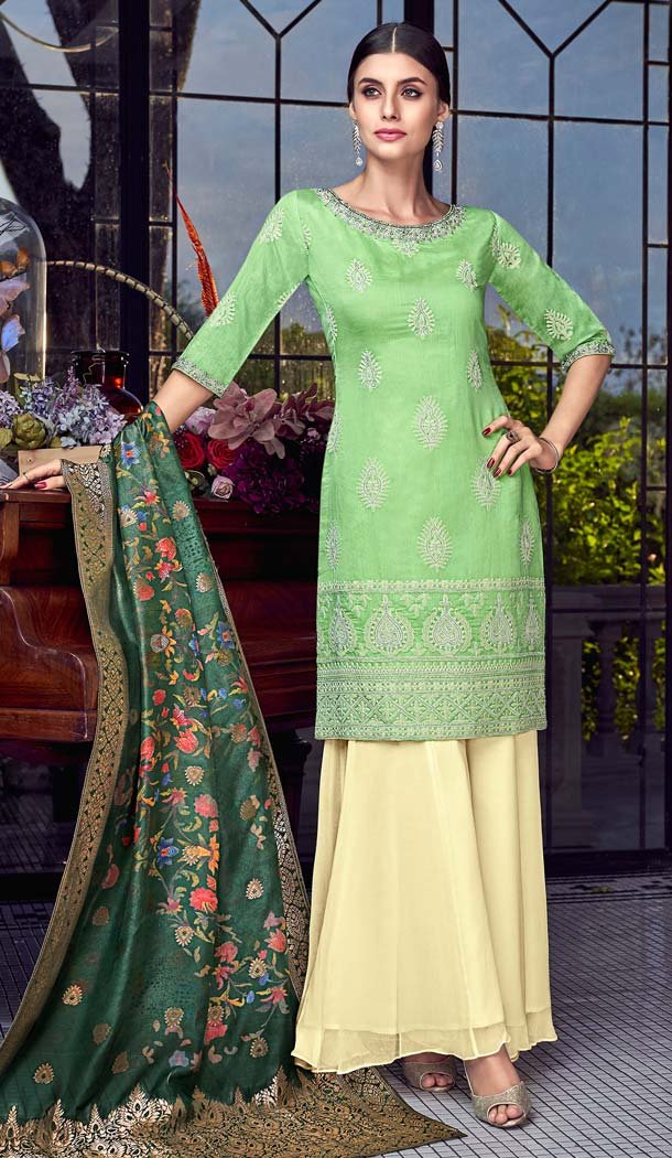Light Green Color Lakhnavi Silk Designer Party Wear Suit -595874065