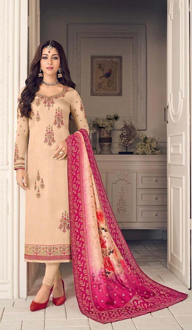 Cream Color Georgette Embroidery Party Salwar Kameez -597574288