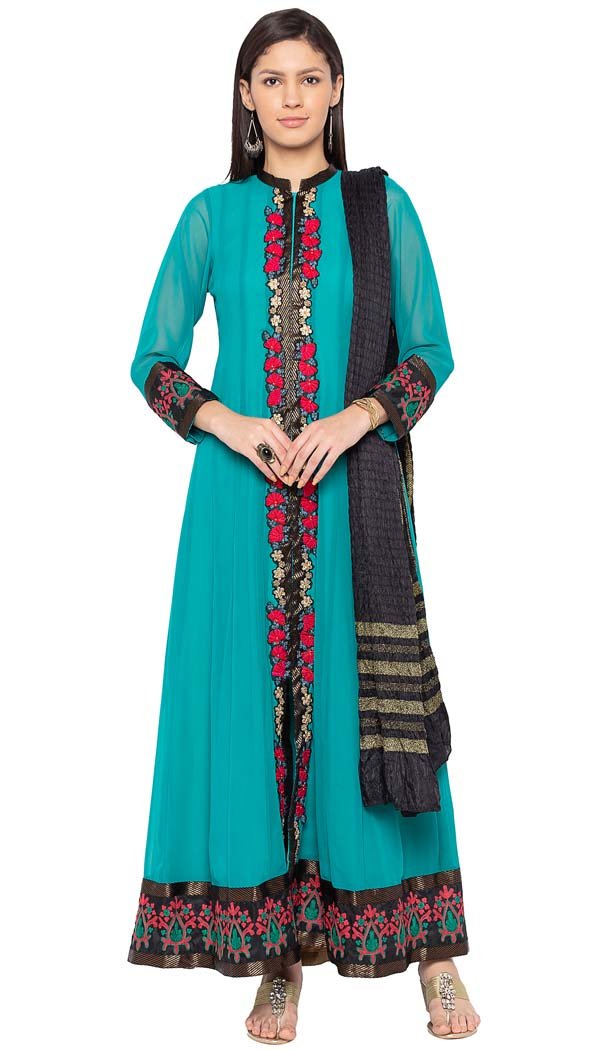 Turquoise Green Georgette Readymade Plus Size Salwar Kameez -601274790