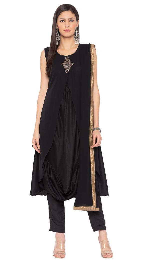 Black Muslin Color Readymade Plus Size Salwar Kameez -601274801
