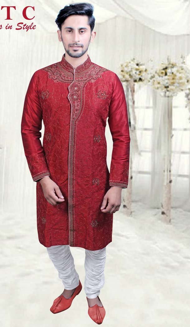 Red Jacquard Readymade Indo Western Outfits for Mens -601874859