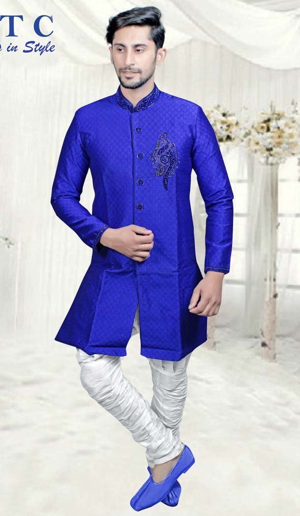 Royal Blue Color Suiting Readymade Indo Western Mens -601874860