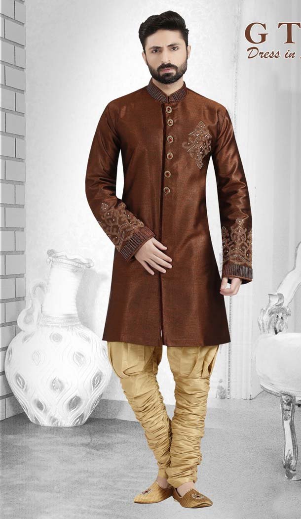 Brown Color Suiting Readymade Indo Western Outfits for Mens -601874878