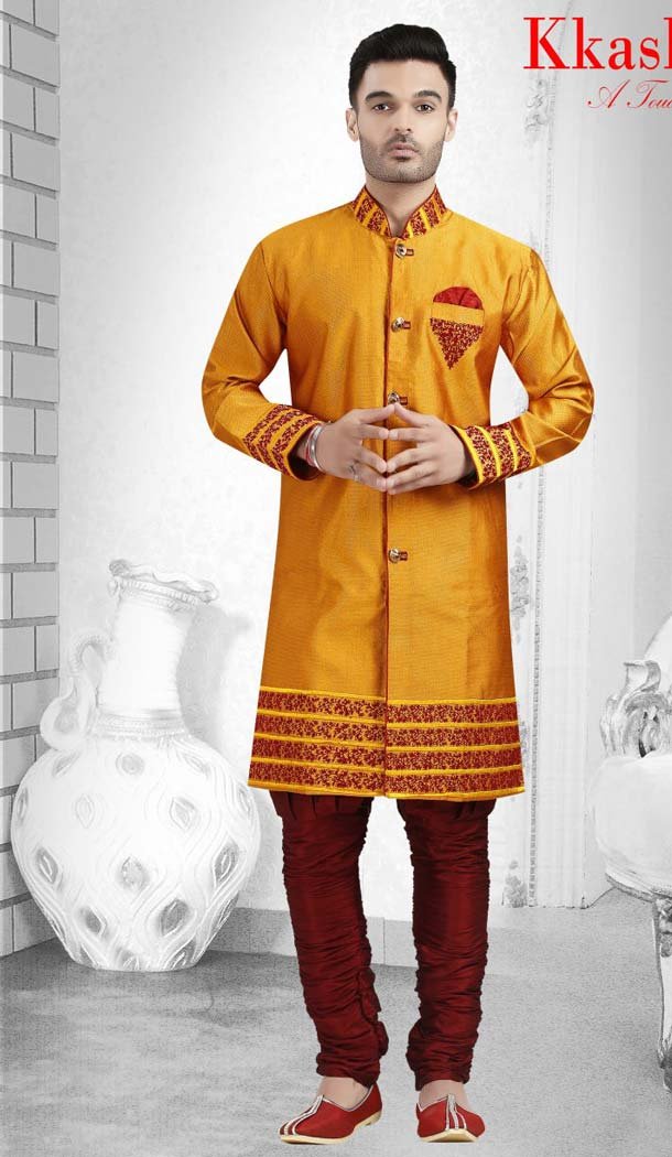 Orange Color Jacquard Readymade Indo Western Outfits for Mens -601874884