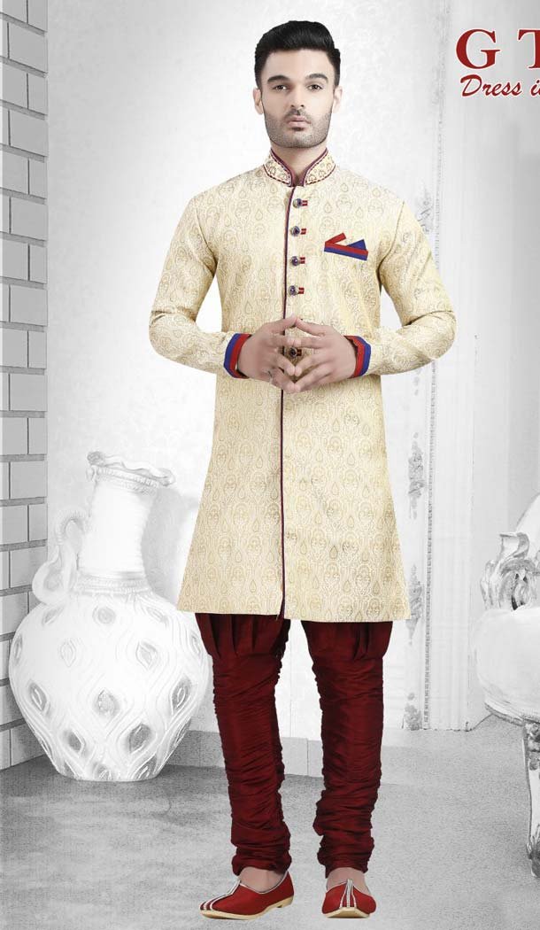 Suiting Cream Color Readymade Indo Western Outfits for Mens -601874888