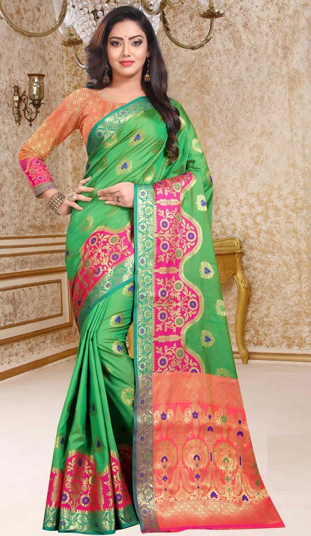 Flamboyant Green Soft Silk Traditional Festiv Wear Saree Blouse -431062854