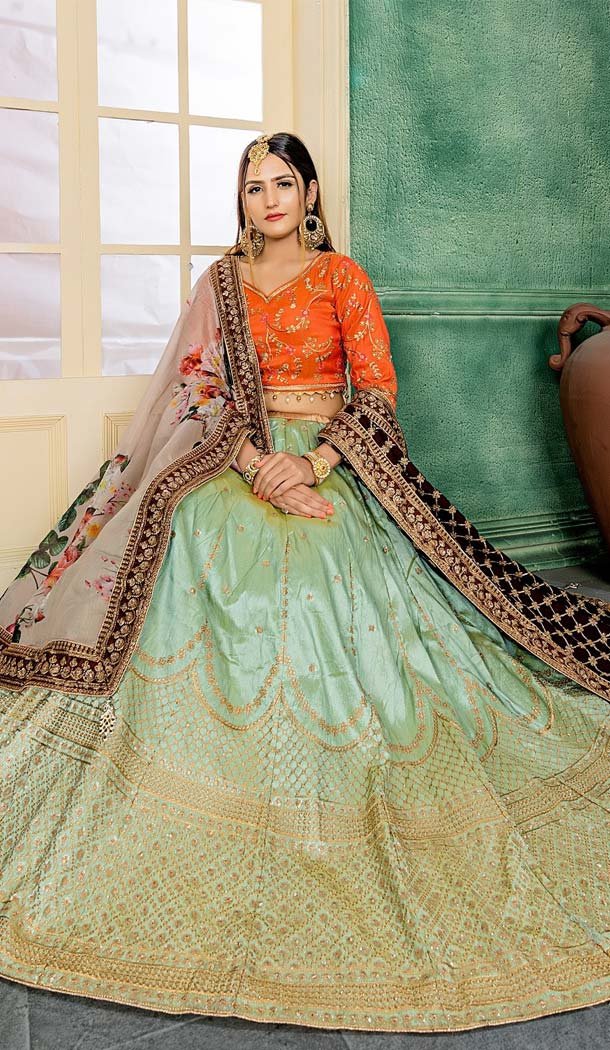 Pista Color Malbon Silk Designer Mehendi Lehenga Choli -432362911