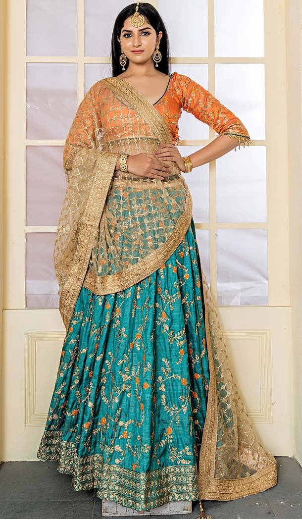 Teal Green Color Pantom Silk Designer Mehendi Lehenga Choli -432362916