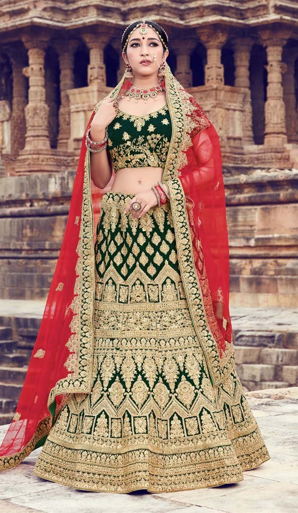 Velvet Green Color Bridal Wear Designer Lehenga Choli -616777001