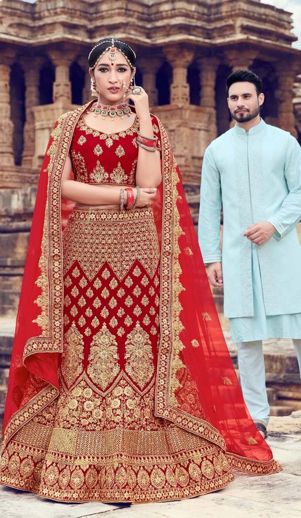 Velvet Red Color Bridal Wear Designer Lehenga Choli -616777002