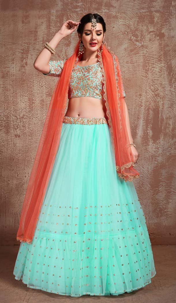 Aqua Blue Net Fancy Party Wear Designer Lehenga Choli -617077023