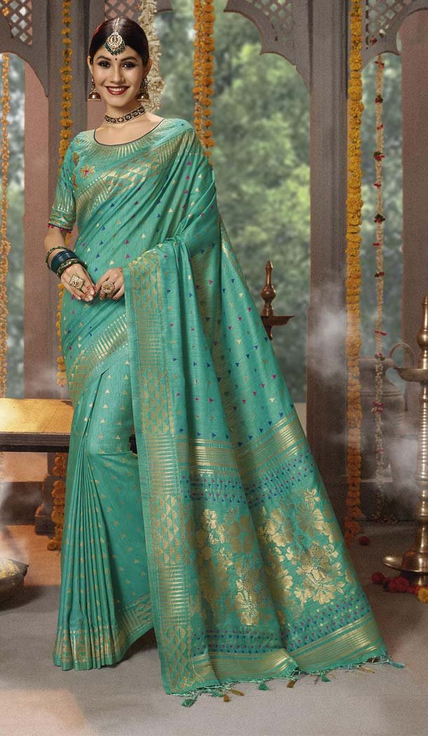 Firozi Green Color Cotton Jacquard Designer Party Wear Sarees -445764057