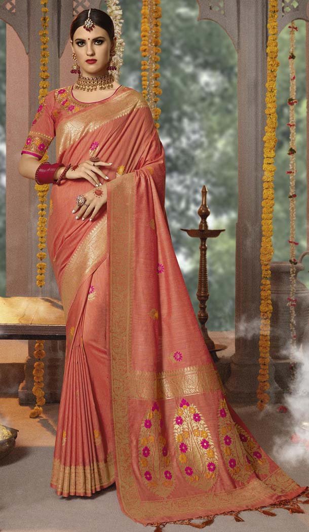 Light Peach Color Cotton Jacquard Designer Party Wear Sarees -445764063