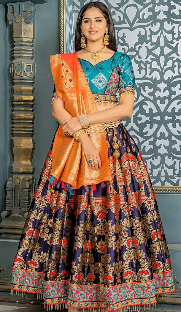 Banarasi Silk Navy Blue Mehendi Sangeet Wear Lehenga Choli -612276395