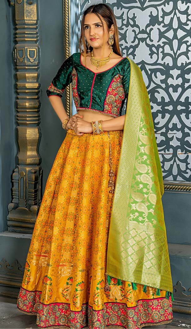 Banarasi Silk Fire Yellow Mehendi Sangeet Wear Lehenga Choli -612276396