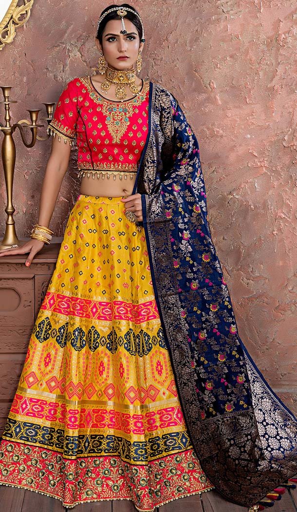 Yellow Color Banarasi Silk Mehendi Sangeet Wear Lehenga Choli -618677189