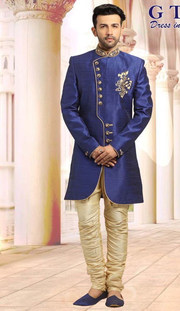 Navy Blue Color Jacquard Plus Size Readymade Classic Man Sherwani -602375003