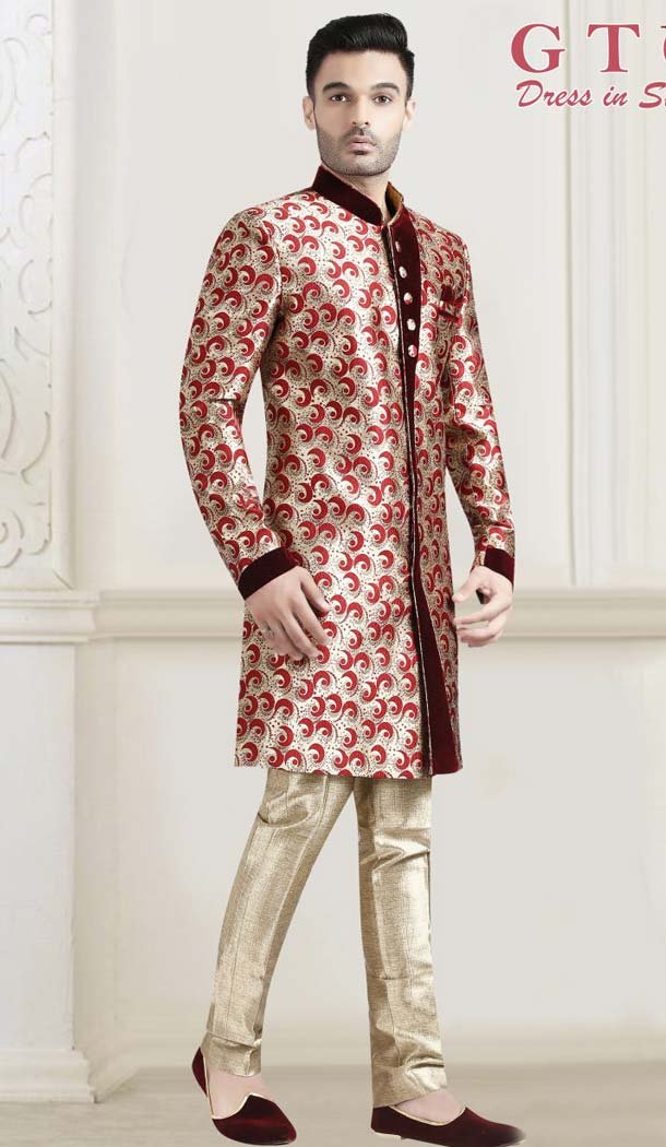 Golden Color Jacquard Designer Readymade Indo Western Sherwani -601974902