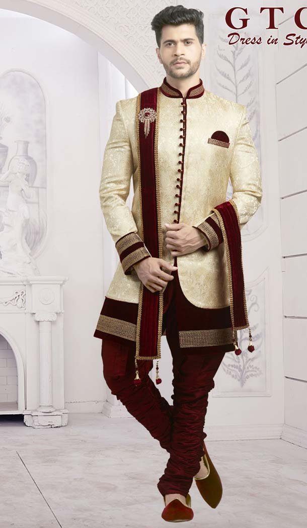 Suiting Cream Color Designer Readymade Indo Western Sherwani -601974913