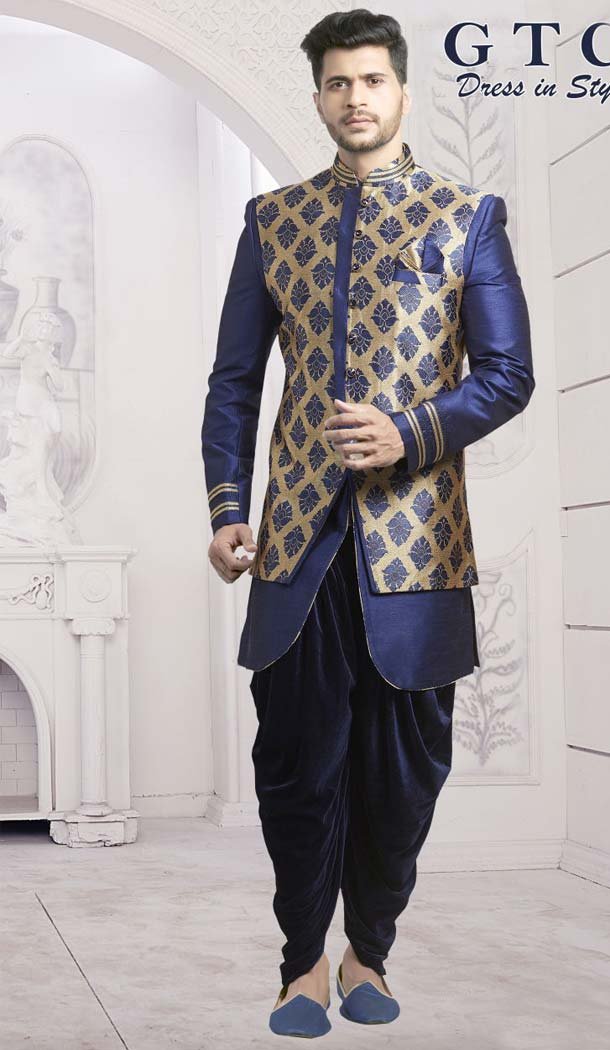 Suiting Navy Blue Color Designer Readymade Indo Western Sherwani -601974916