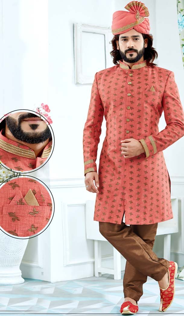 Peach Color Jacquard Men Wedding Plus Size Sherwani -603475254