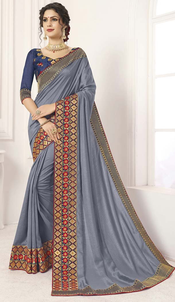 Scintillating Grey Color Vichitra Silk Traditional Wear Designer Saree -633978976